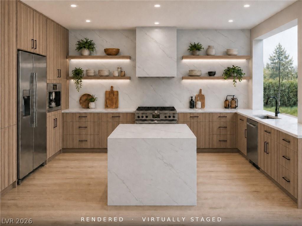 Image 2: A sleek modern kitchen with light wood cabinetry,