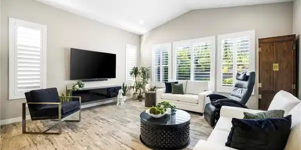 Image 3: A vaulted ceiling living area boasts beautiful lig