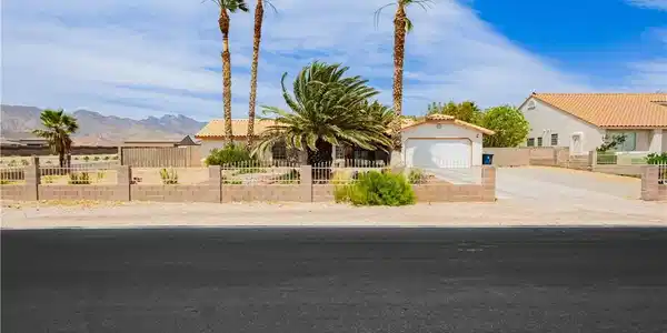 Image 2: A desert oasis with swaying palms, mountain vistas