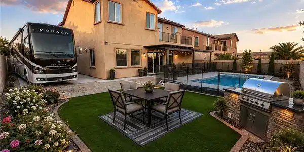 Image 2: An inviting backyard features a custom stone barbe