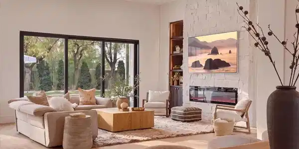 Image 2: A spacious living area features wide glass doors,