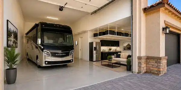 Image 2: A spacious RV garage features an additional living