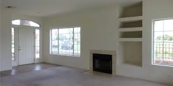 Image 4: Unfurnished living room with carpet flooring, buil