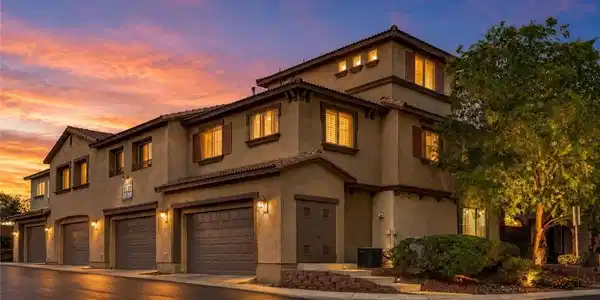 Image 2: Multi-level townhomes illuminated by evening light