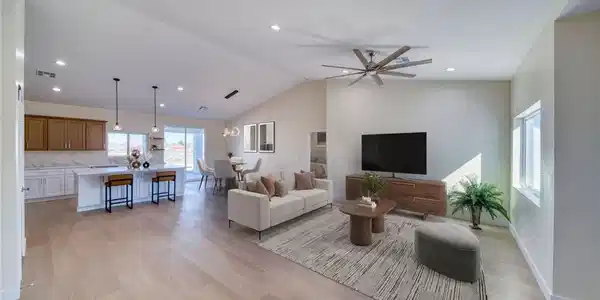 Image 2: Great room  vaulted ceiling virtually staged.