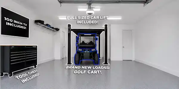 Image 3: A well-lit garage features a speckled epoxy floor