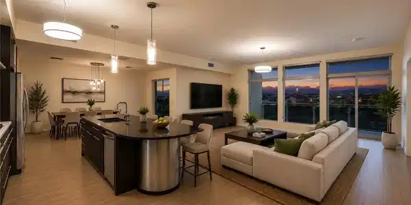 Image 3: An open-concept living area boasts a modern kitche