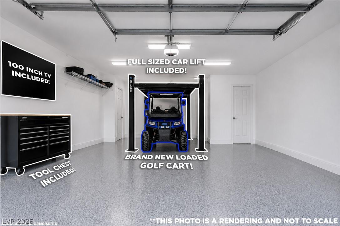 Image 2: A well-lit garage features a speckled epoxy floor
