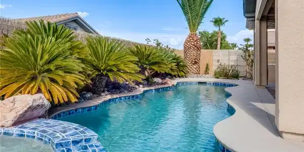 Image 2: Lush palm trees line a custom curved swimming pool