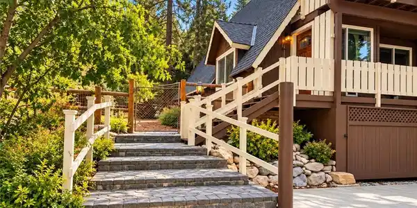 Image 2: Stone steps lead up to a mountain home framed by t