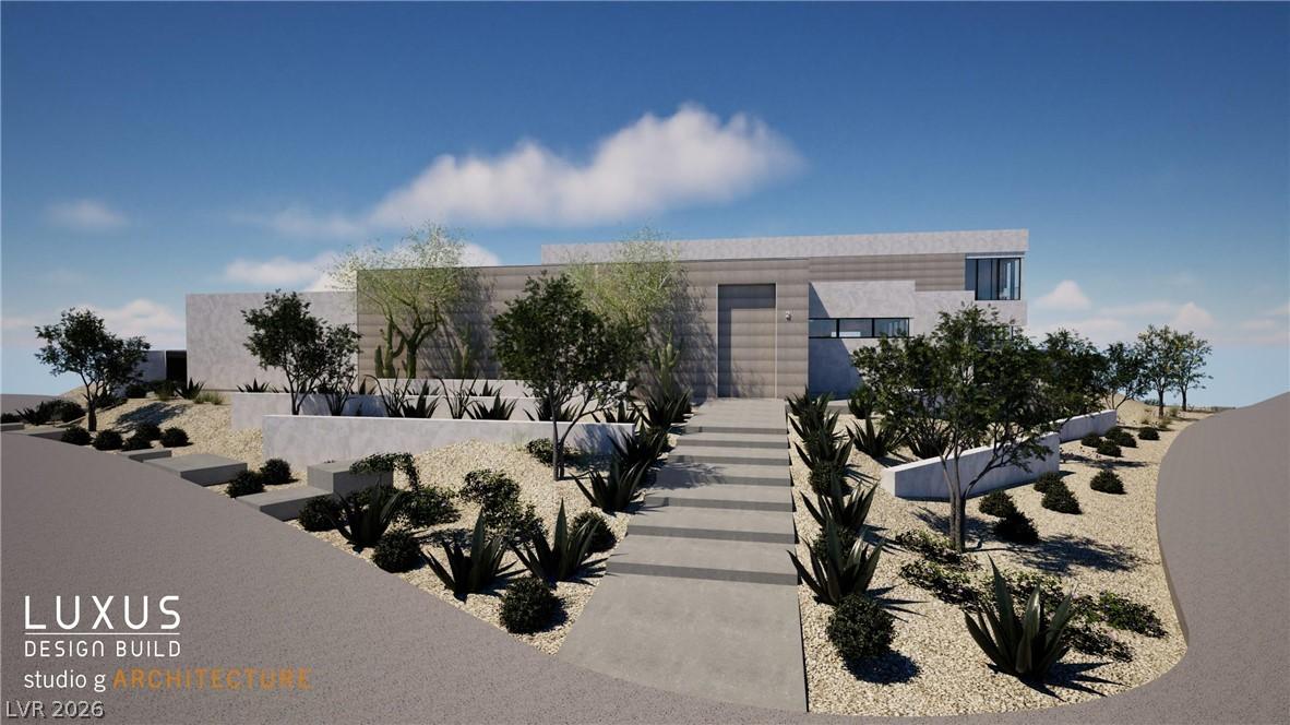 Image 2: RENDERING: A modern facade with layered landscapin