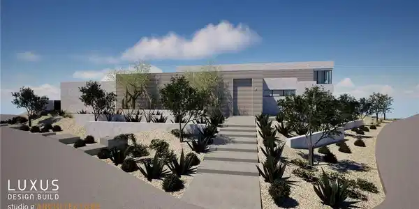 Image 2: RENDERING: A modern facade with layered landscapin
