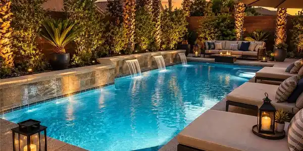 Image 3: An inviting backyard oasis features a shimmering s