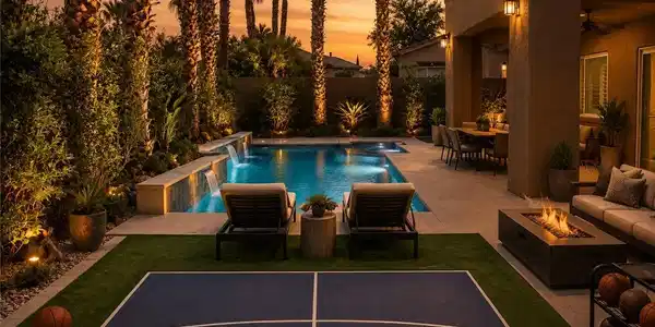 Image 4: Palm trees frame a sparkling pool, outdoor firepla