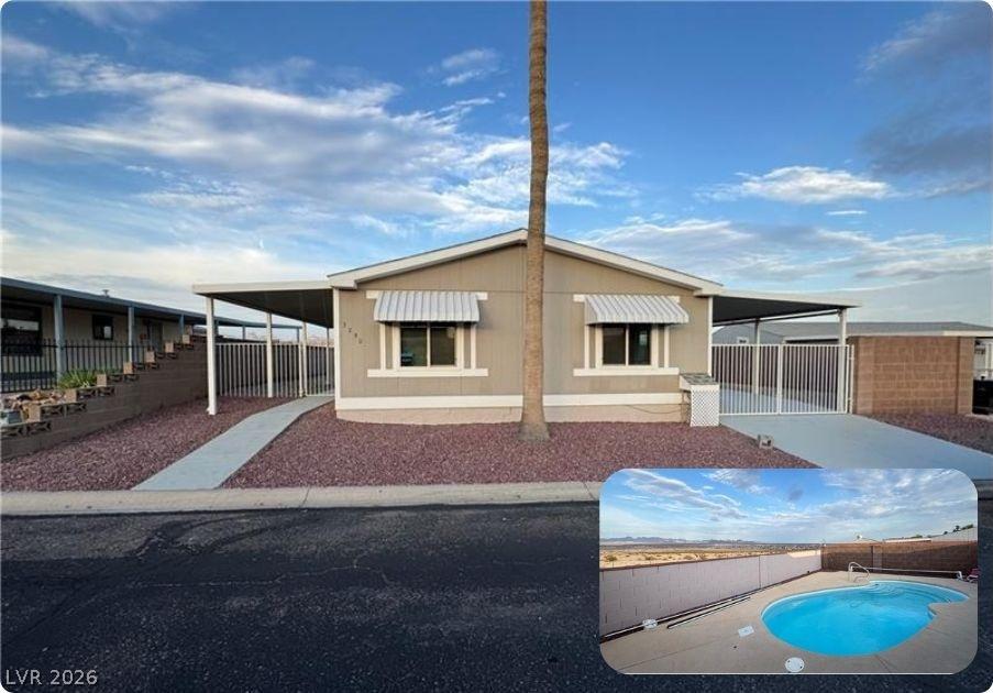 Image 1: Front of home with Inset picture of backyard heate