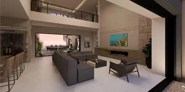 Image 3: An open-concept living space with a contemporary f
