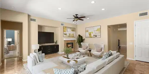 Image 2: Living room featuring a high end fireplace, recess