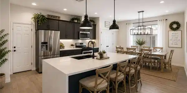 Image 3: A generously sized kitchen island with seating anc