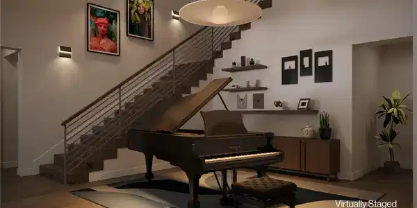 Image 3: A grand piano elegantly anchors this refined entry