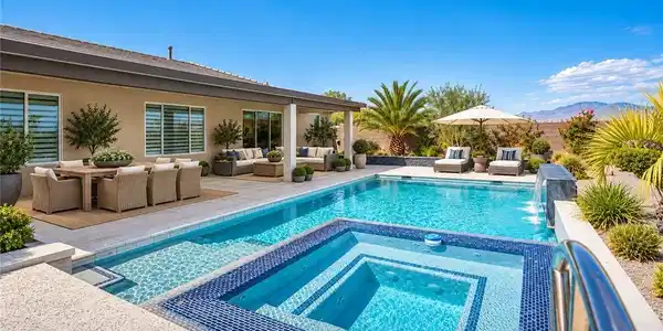 Image 3: A pristine backyard oasis features a shimmering sw