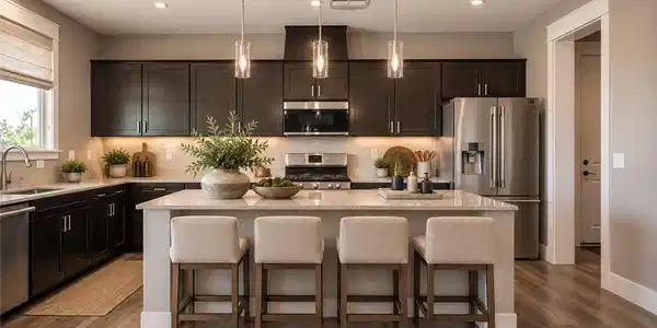 Image 4: Rich dark cabinetry and a central island ground th
