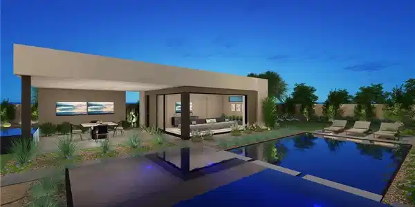 Image 3: Pool at dusk with an outdoor pool and a patio