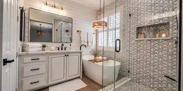 Image 2: Elegant bathroom offering a freestanding tub, slee