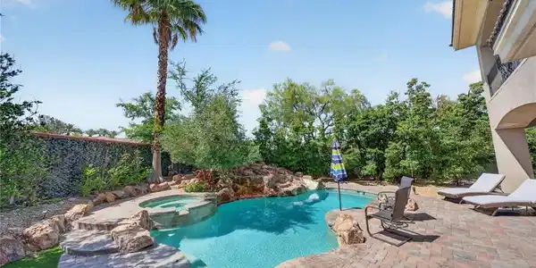 Image 3: A refreshing pool and spa with rock features and l