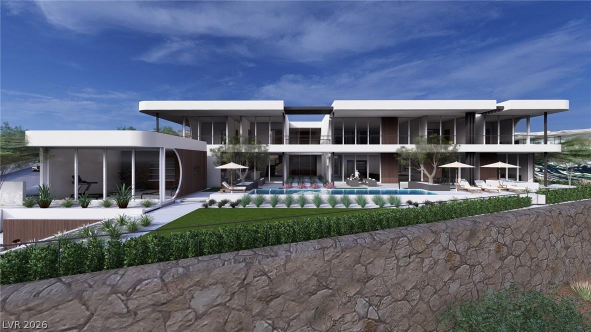 Image 1: Modern architecture frames a pristine pool and met