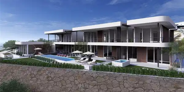 Image 2: A striking modern residence boasts an inviting poo