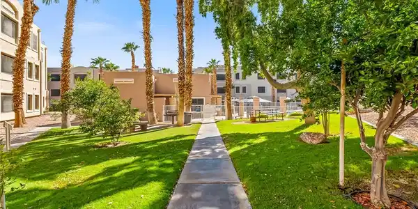 Image 2: Manicured green lawns and towering palm trees fram