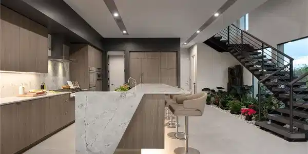 Image 4: Marble waterfall island and contemporary cabinetry