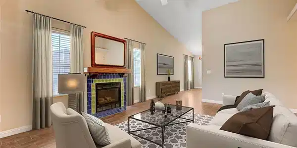 Image 2: Virtually Staged. Vaulted ceilings and a tiled fir