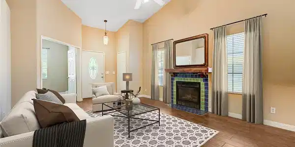 Image 4: Virtually Staged. High vaulted ceilings and a  til