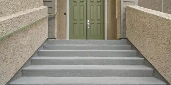 Image 3: Concrete steps ascend to a prominent double door e