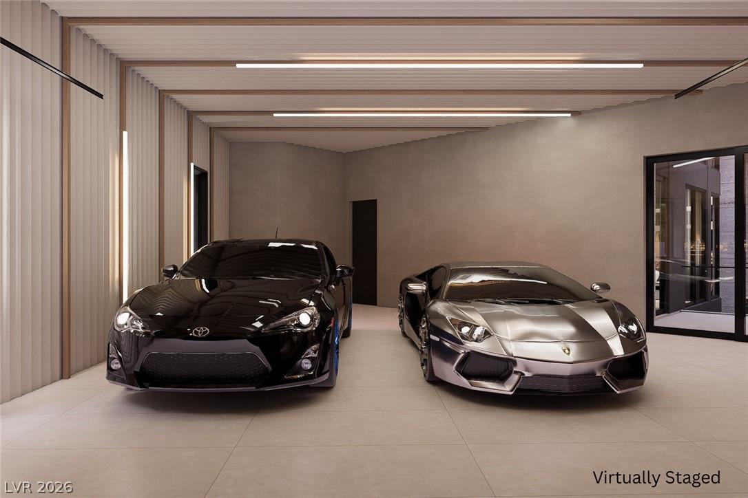 Image 3: A well-lit garage features sleek tile flooring, of