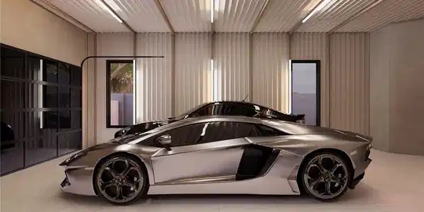 Image 4: A luxury garage showcases sleek vehicles and moder