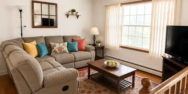 Image 3: A well-lit living area offers comfortable sectiona