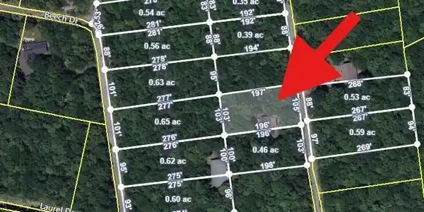 Image 2: Arrow shows Log Cabin Location.  All highlighted l