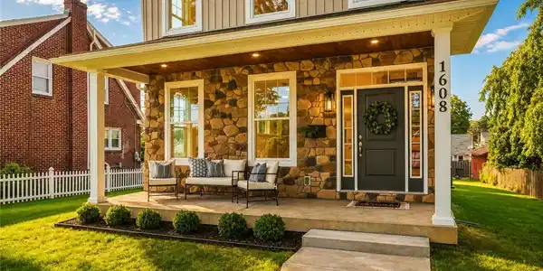 Image 2: A charming stone and siding facade welcomes guests