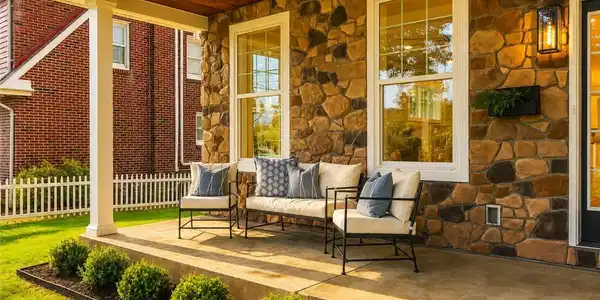 Image 3: A welcoming front porch features a wood ceiling an