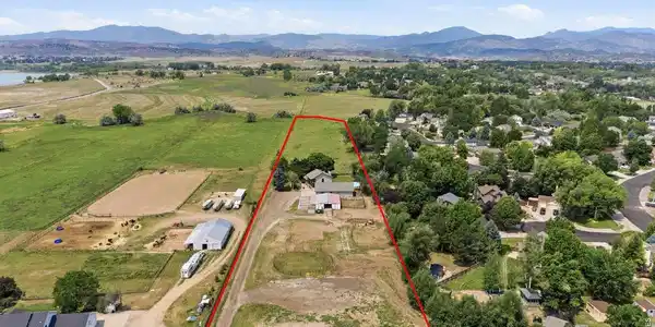 Image 2: Full aerial of Northern Colorado hobby farm showing lot boundaries with room to grow Image 2: Full aerial of Northern Colorado hobby farm showing lot boundaries with room to grow