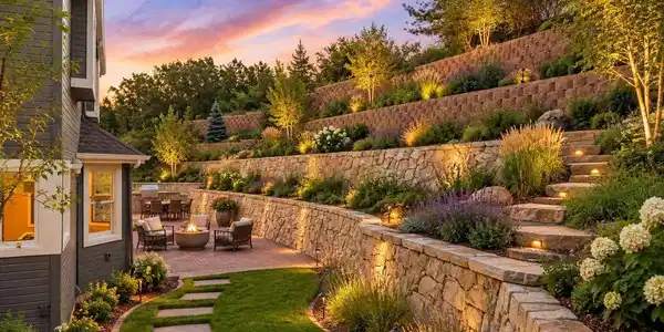 Image 4: AI Generated - the backyard is full of potential with a patio, grassy lawn, and terraced architectural gardens. Image 4: AI Generated - the backyard is full of potential with a patio, grassy lawn, and terraced architectural gardens.
