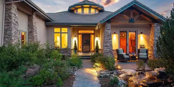 Image 3: A beautifully illuminated front entry welcomes you home, where a tranquil water feature, heated walkway, and thoughtfully landscaped gardens create an unforgettable first impression Image 3: A beautifully illuminated front entry welcomes you home, where a tranquil water feature, heated walkway, and thoughtfully landscaped gardens create an unforgettable first impression