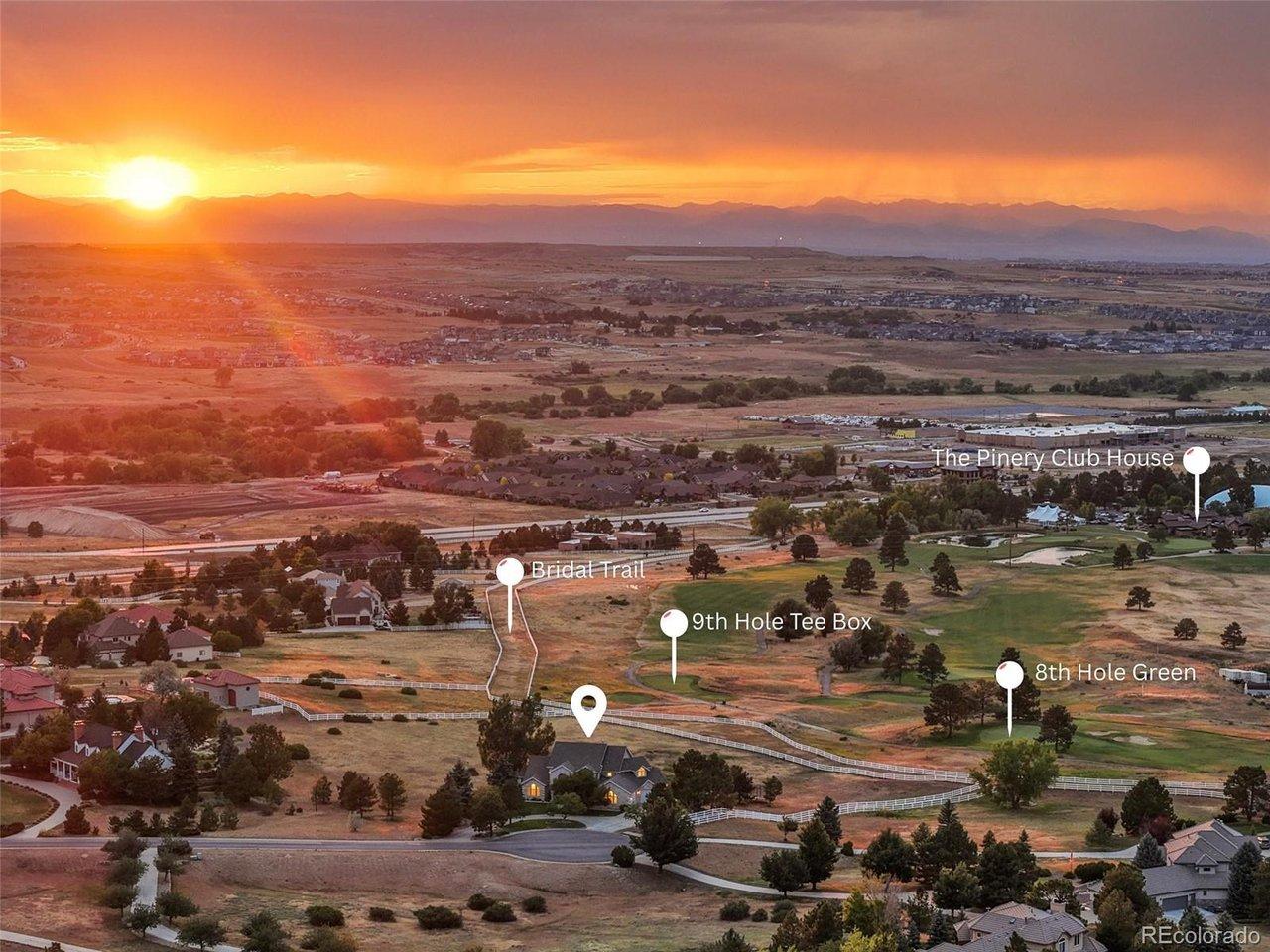 Image 4: This annotated aerial illustrates the property's distinctive location near the eighth green, ninth tee, neighborhood bridle trail and The Pinery Country Club.