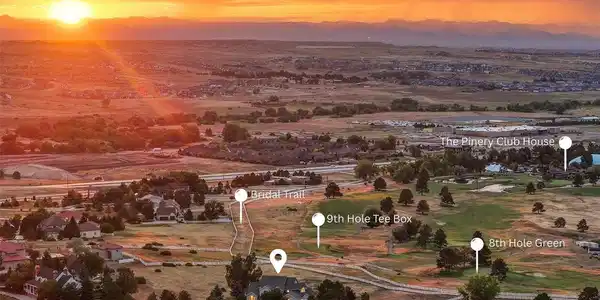 Image 4: This annotated aerial illustrates the property's distinctive location near the eighth green, ninth tee, neighborhood bridle trail and The Pinery Country Club. Image 4: This annotated aerial illustrates the property's distinctive location near the eighth green, ninth tee, neighborhood bridle trail and The Pinery Country Club.