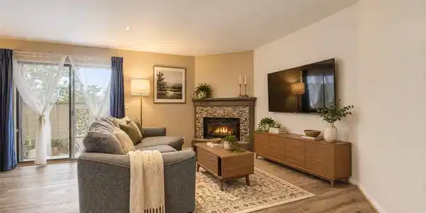 Image 3: Virtually Staged Living Room connected to Patio with Mountain Views Image 3: Virtually Staged Living Room connected to Patio with Mountain Views