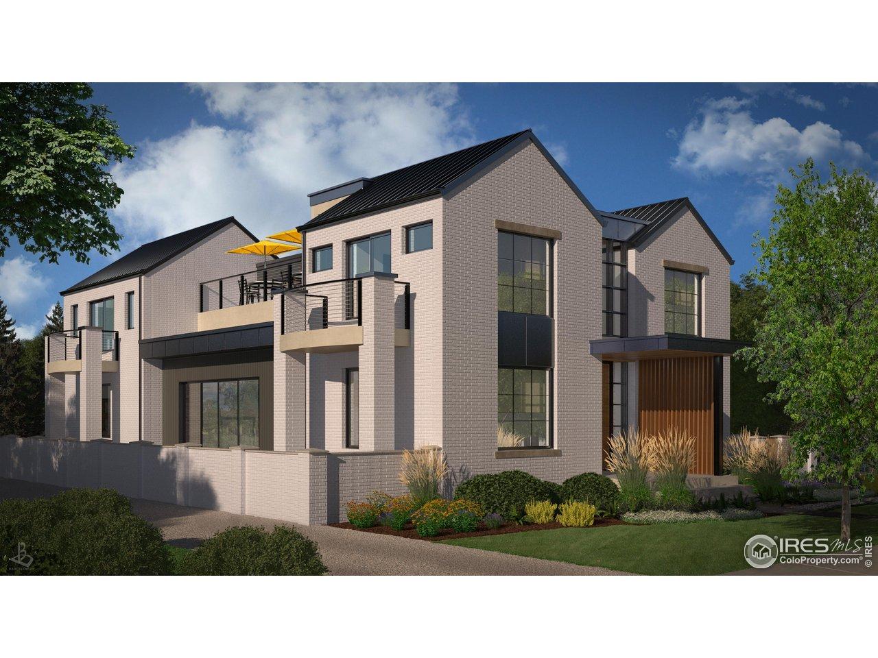 Image 2: Western view of the home showcasing private decks on the upper level with a culminating rooftop deck for enjoying views of the front range. Image 2: Western view of the home showcasing private decks on the upper level with a culminating rooftop deck for enjoying views of the front range.