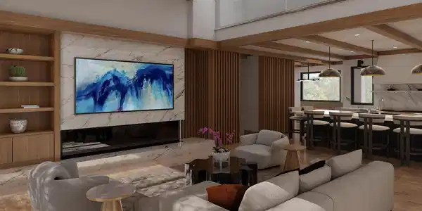 Image 4: Open living room with custom built-ins. The perfect place to cozy up for relaxed evenings. Image 4: Open living room with custom built-ins. The perfect place to cozy up for relaxed evenings.