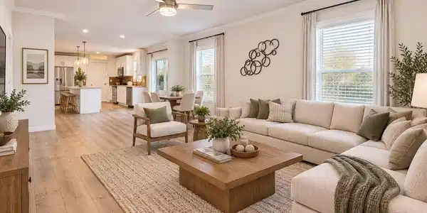 Image 4: Open-Concept Living Area - A wide view showcases the flow from the living room through the dining area to the kitchen, creating a connected layout well suited for gathering and entertaining. Image 4: Open-Concept Living Area - A wide view showcases the flow from the living room through the dining area to the kitchen, creating a connected layout well suited for gathering and entertaining.